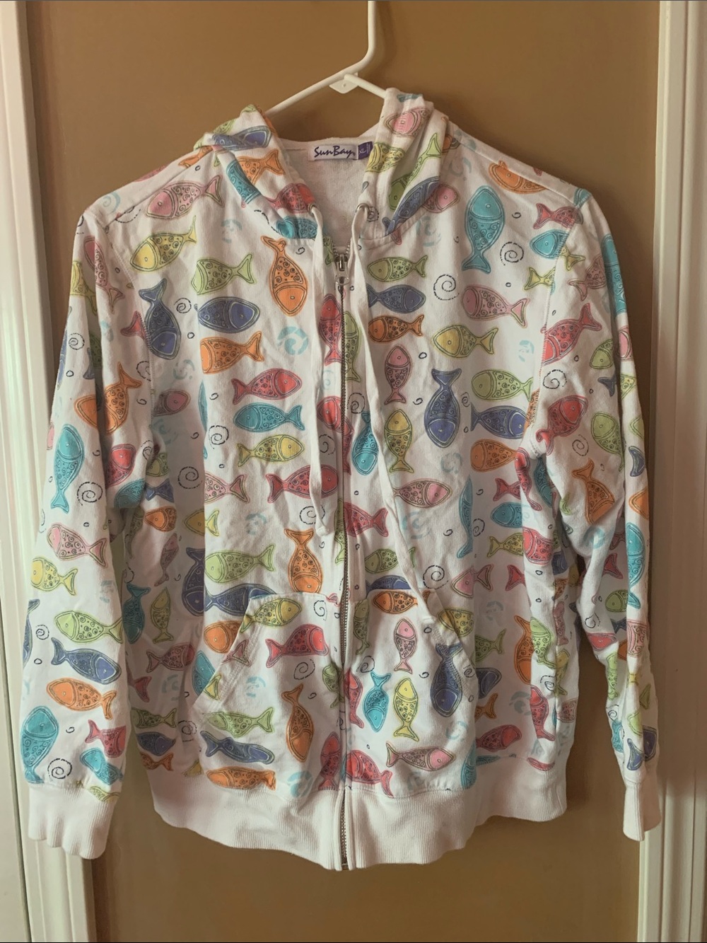 Women’s White Multicolor Fish Zip Hoodie